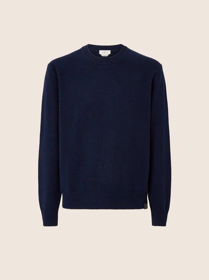 Men's navy crew neck jumper with long sleeves and ribbed trims