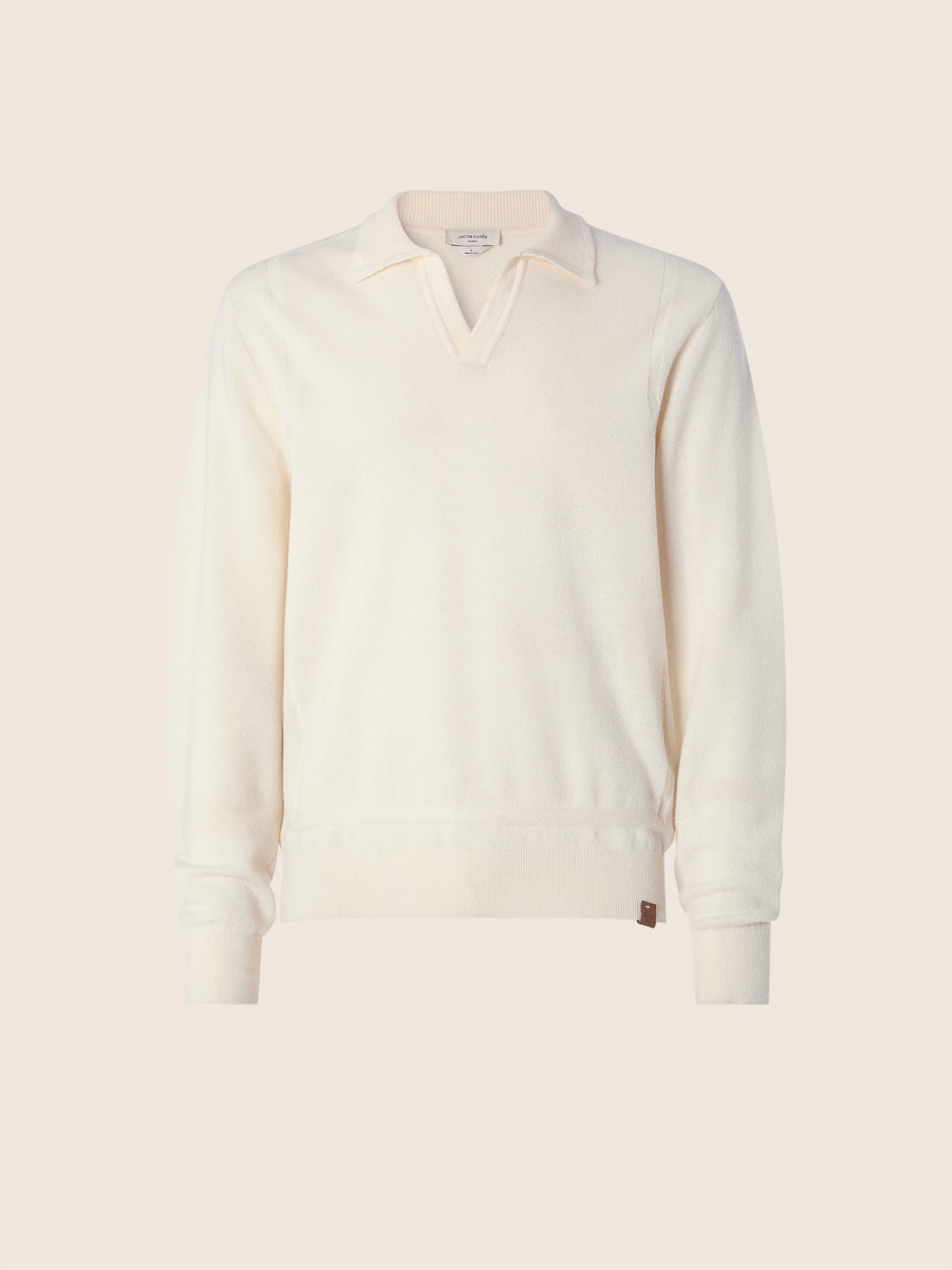 Men's cream long sleeve polo jumper with collared V-neck and ribbed trims
