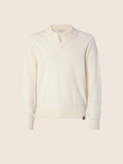 Men's cream long sleeve polo jumper with collared V-neck and ribbed trims