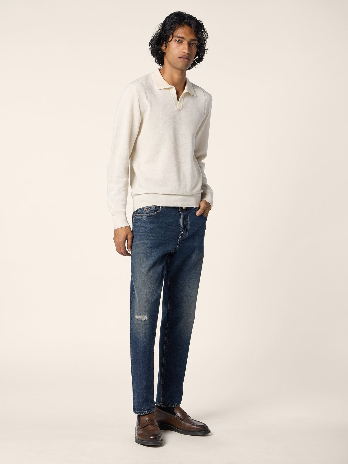 Men's cream long sleeve polo jumper with collared V-neck and ribbed trims