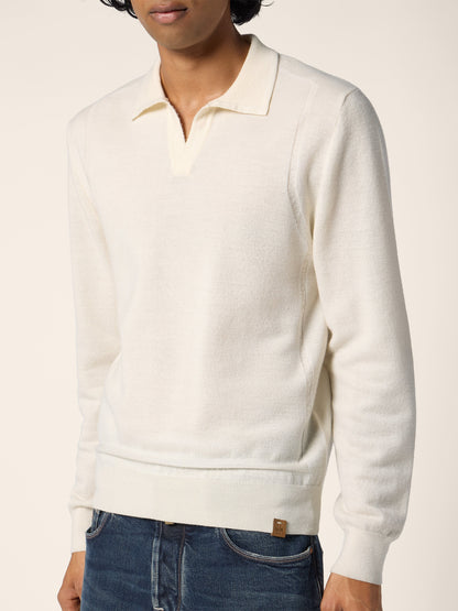 Men's cream long sleeve polo jumper with collared V-neck and ribbed trims