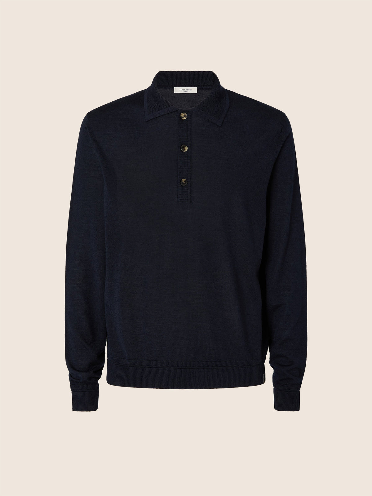 Men's navy long-sleeve polo jumper with collar and button placket