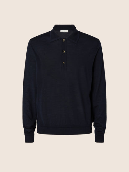 Men's navy long-sleeve polo jumper with collar and button placket