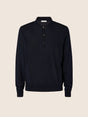 Men's navy long-sleeve polo jumper with collar and button placket