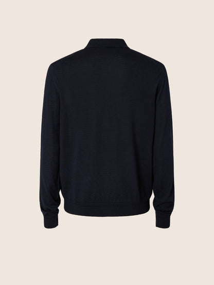 Men's navy long-sleeve polo jumper with collar and button placket