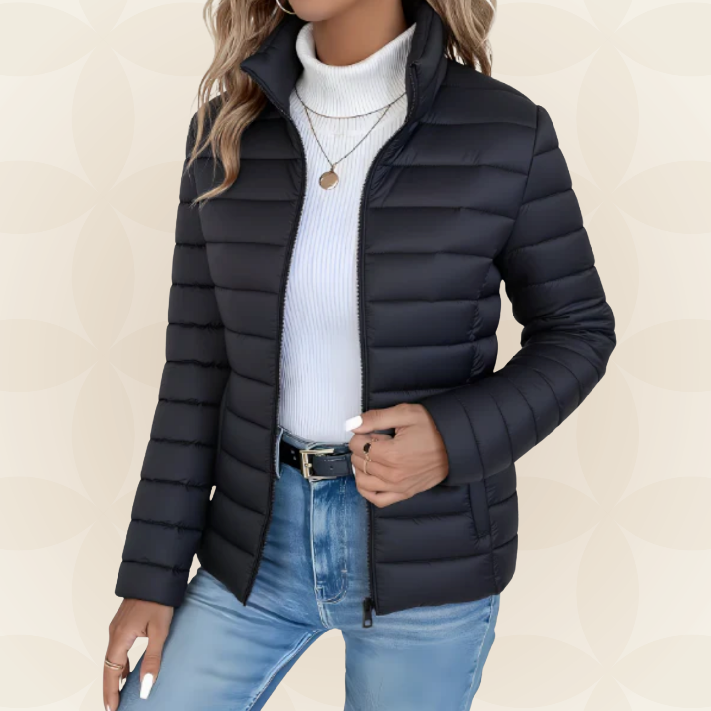 Women's quilted puffer jacket in grey and black with zip closure and stand-up collar