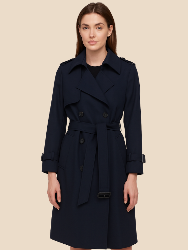 Classic belted trench coat with a longline outerwear silhouette