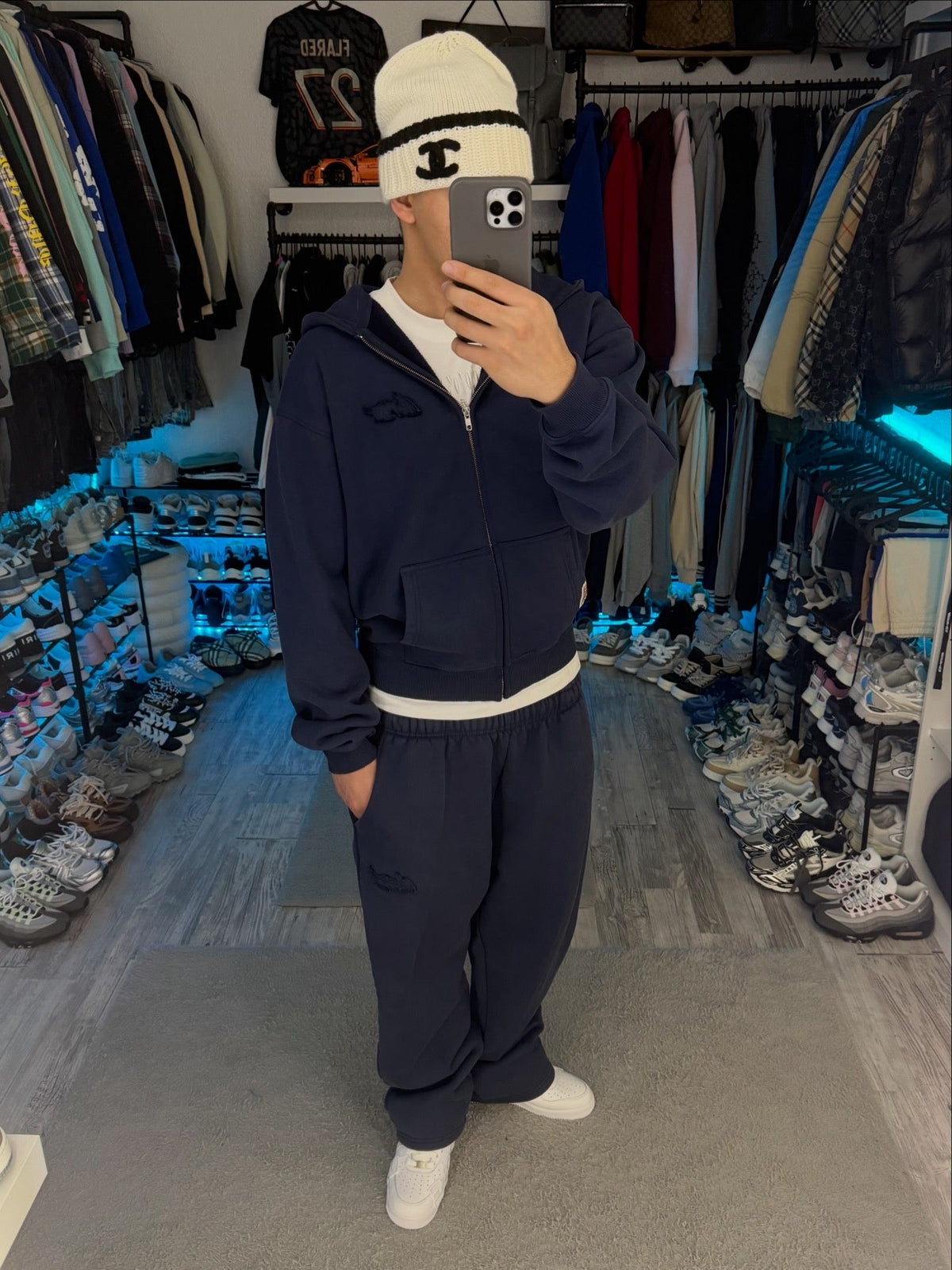 Navy unisex zip hoodie with hood, long sleeves and front pouch pocket