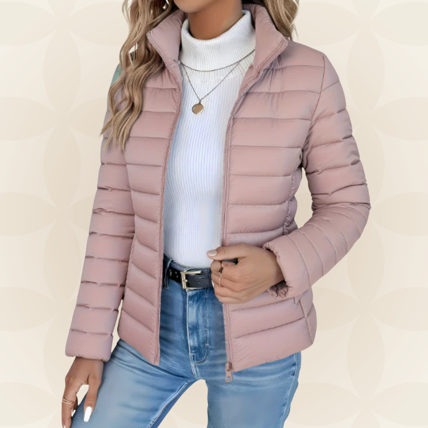 Women's quilted puffer jacket in grey and black with zip closure and stand-up collar