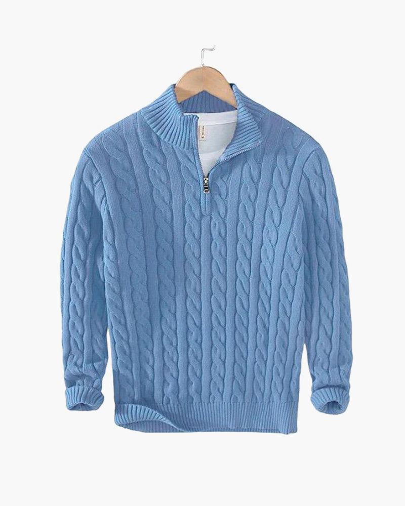 Men's cable knit quarter-zip sweaters in navy and gray