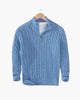 Men's cable knit quarter-zip sweaters in navy and gray