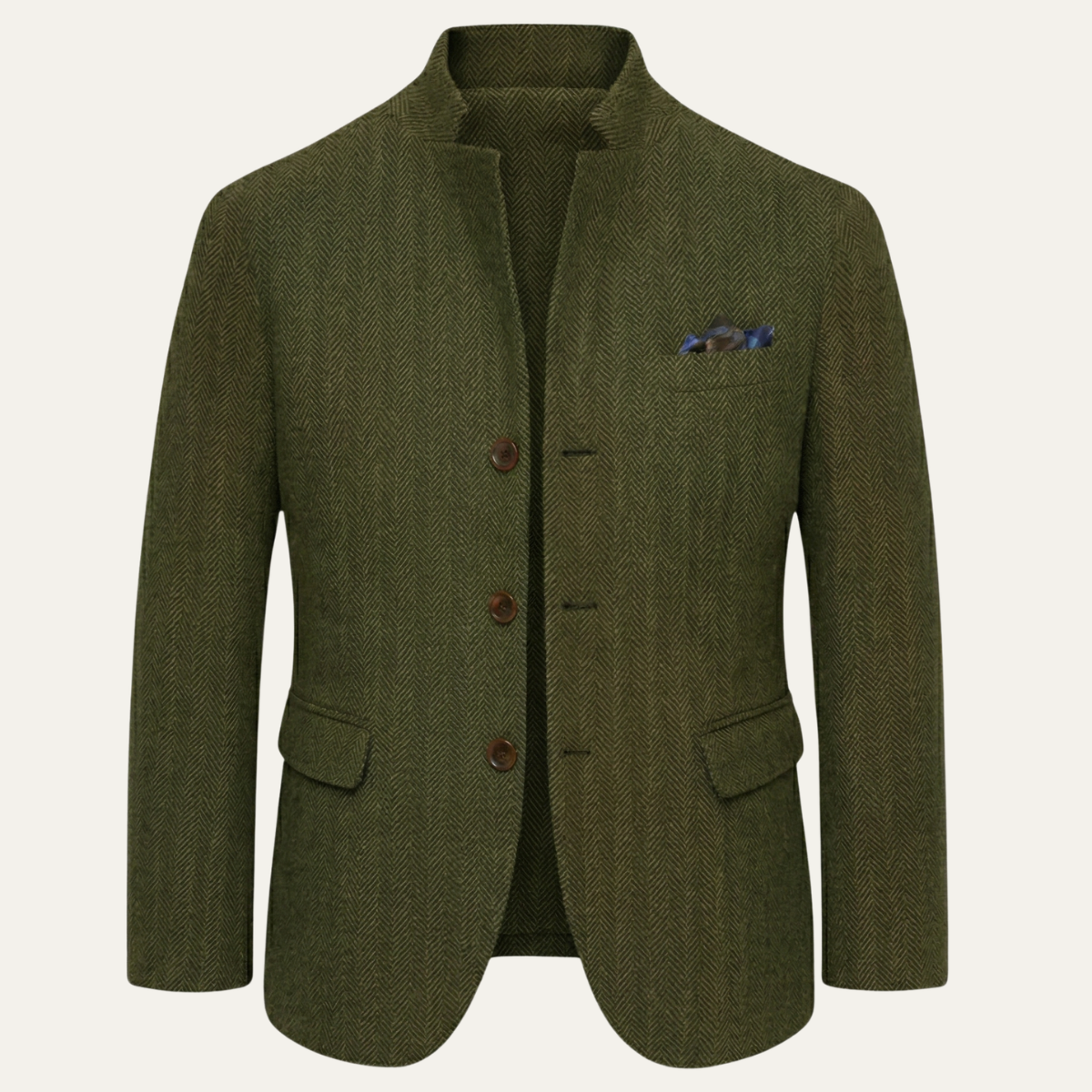 Men's herringbone single-breasted blazer jacket with stand collar and button fastening