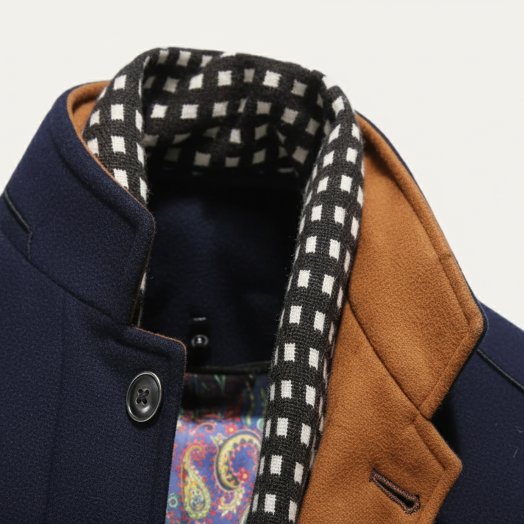 Men's structured trench coat with stand collar, button front and checked trim