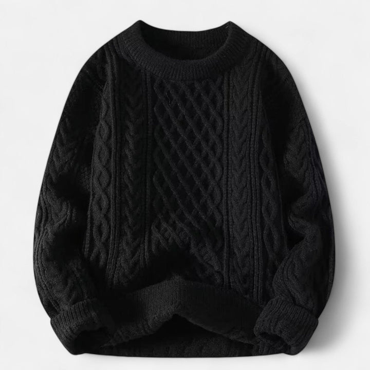 Men's cable knit crew neck jumper with long sleeves and ribbed trims