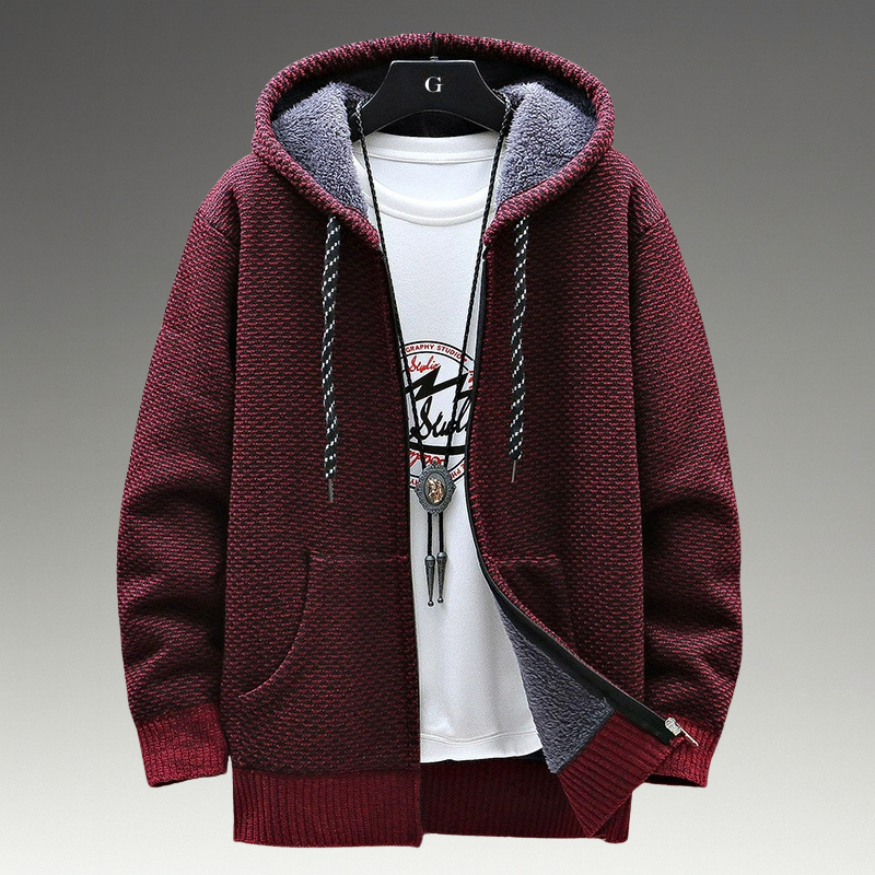 Textured knitted zip hoodie with drawstring hood, long sleeves and front pockets