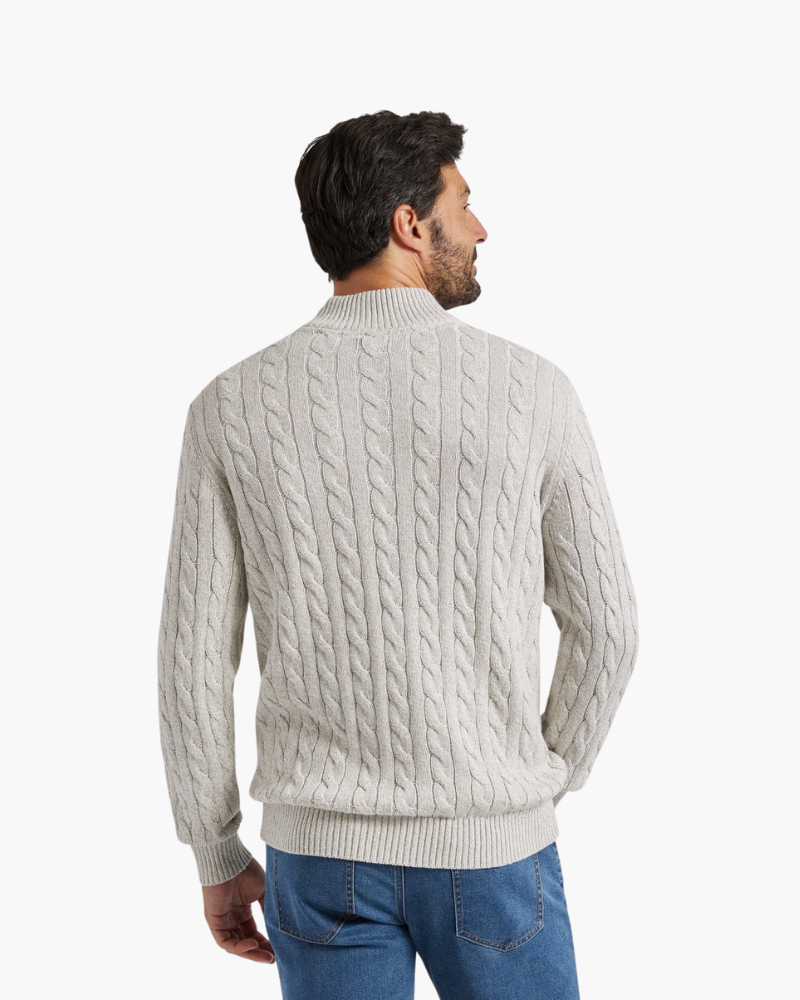 Cable-knit half-zip sweater with ribbed mock neck, cuffs and hem