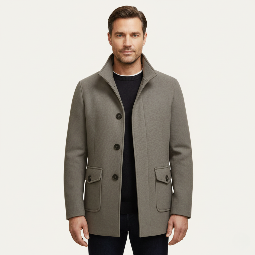 Men's tailored coat with stand collar and flap pockets