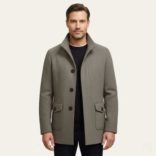 Men's tailored coat with stand collar and flap pockets