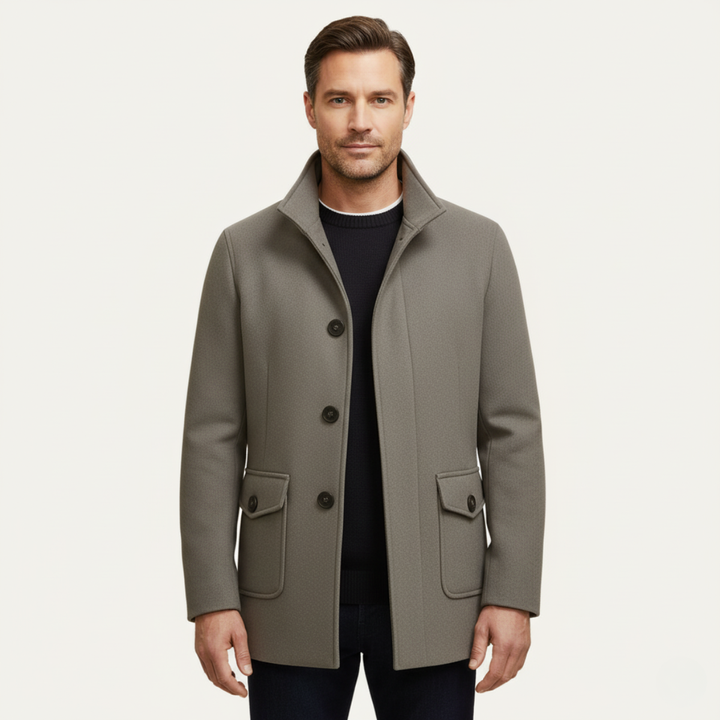 Men's tailored coat with stand collar and flap pockets