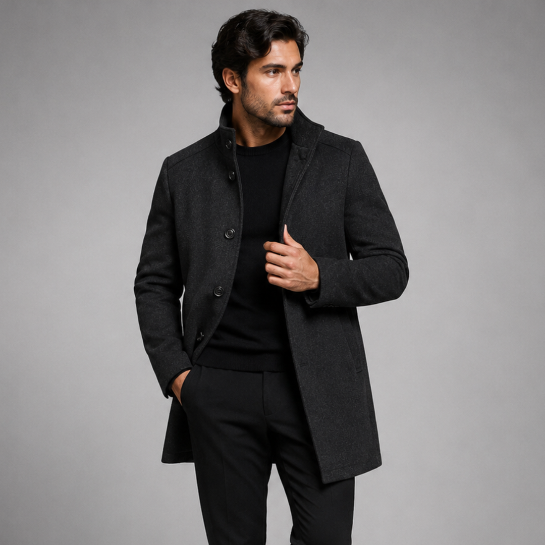 Men's long patterned overcoat with stand collar and button front