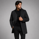 Men's long patterned overcoat with stand collar and button front