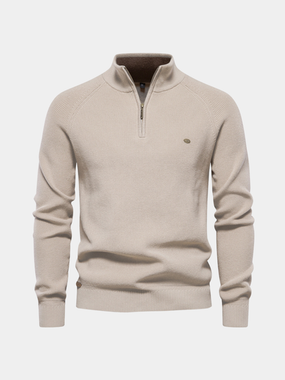 Men's black half zip ribbed crew neck sweater with long sleeves