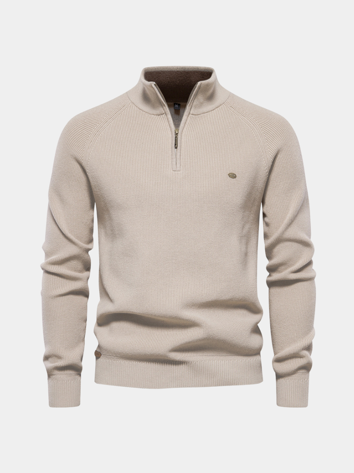 Men's black half zip ribbed crew neck sweater with long sleeves