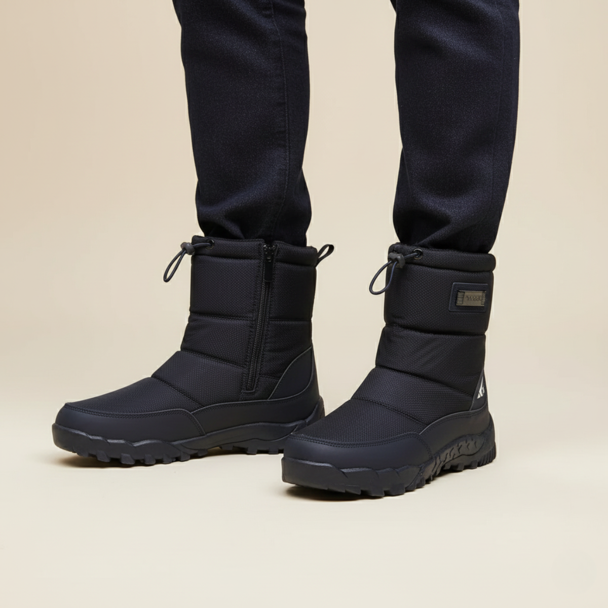 Men's padded winter snow boots with side zip, drawcord cuffs and deep tread soles
