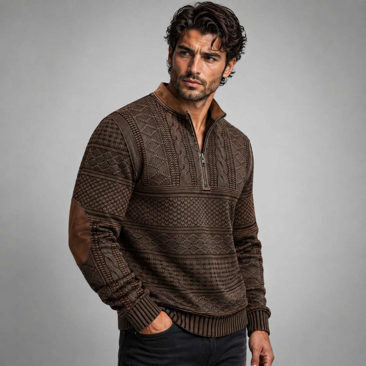 Men's textured half-zip sweater with mock neck and contrasting elbow patches