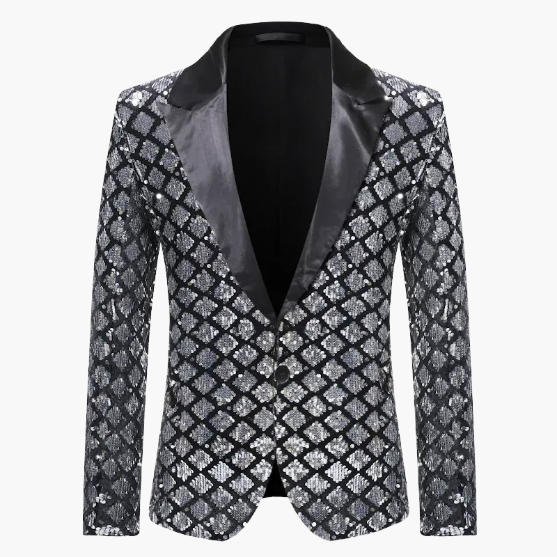 Men's geometric diamond sequin blazer with peaked lapels and long sleeves