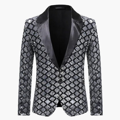 Men's geometric diamond sequin blazer with peaked lapels and long sleeves