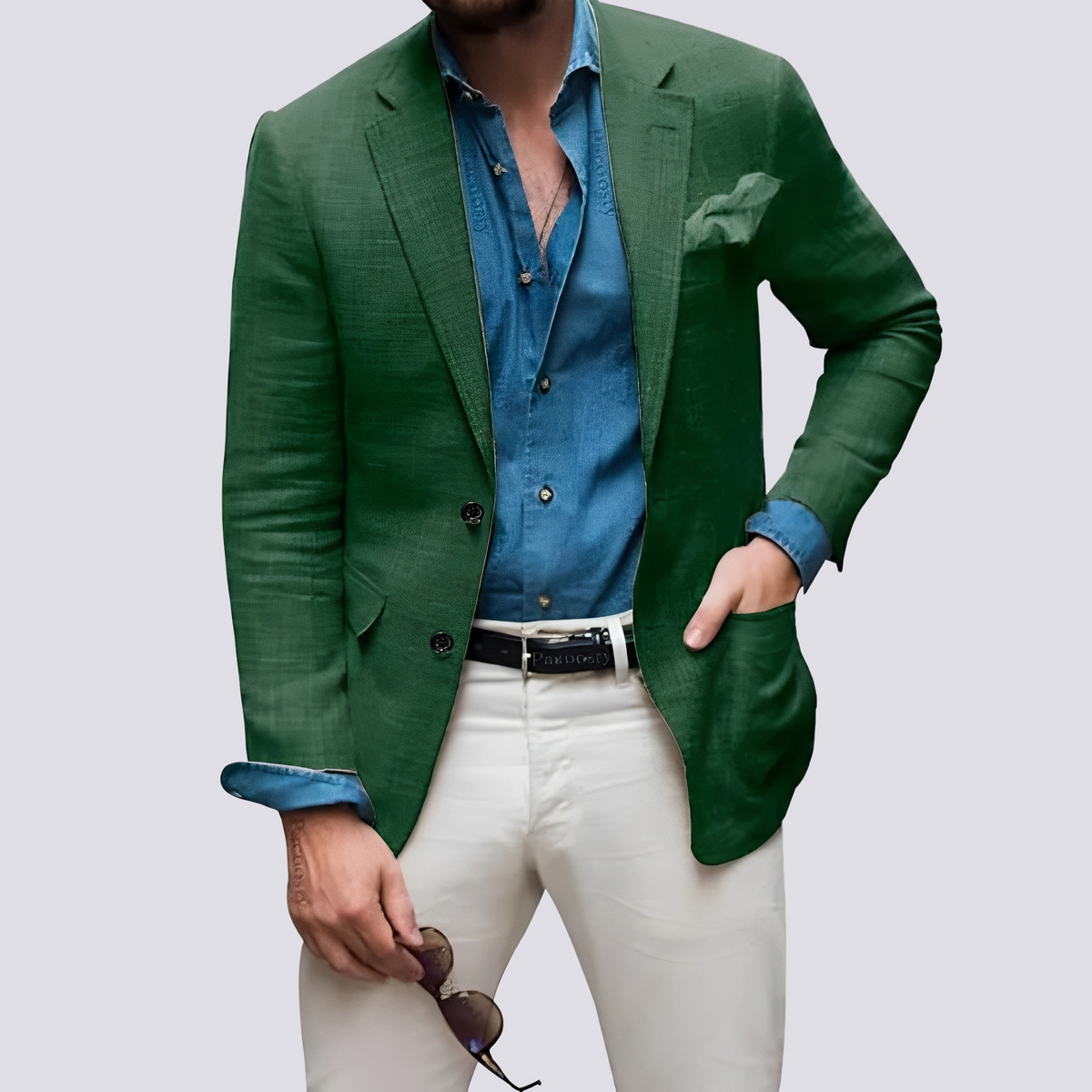 Men's button front blazer with notched lapels, long sleeves and flap pockets