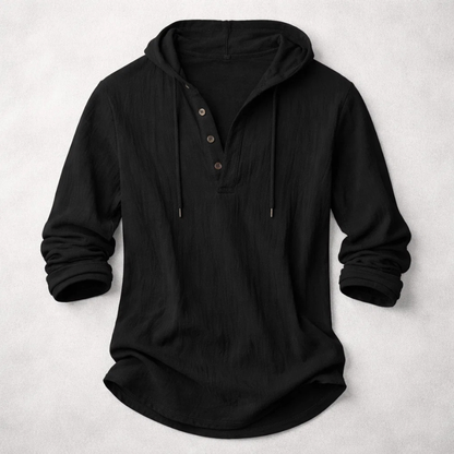 Long-sleeve hooded shirt with button placket and curved hem