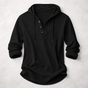 Long-sleeve hooded shirt with button placket and curved hem