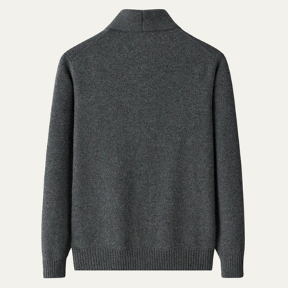 Men's shawl collar button cardigan with long sleeves, ribbed trims and front pockets