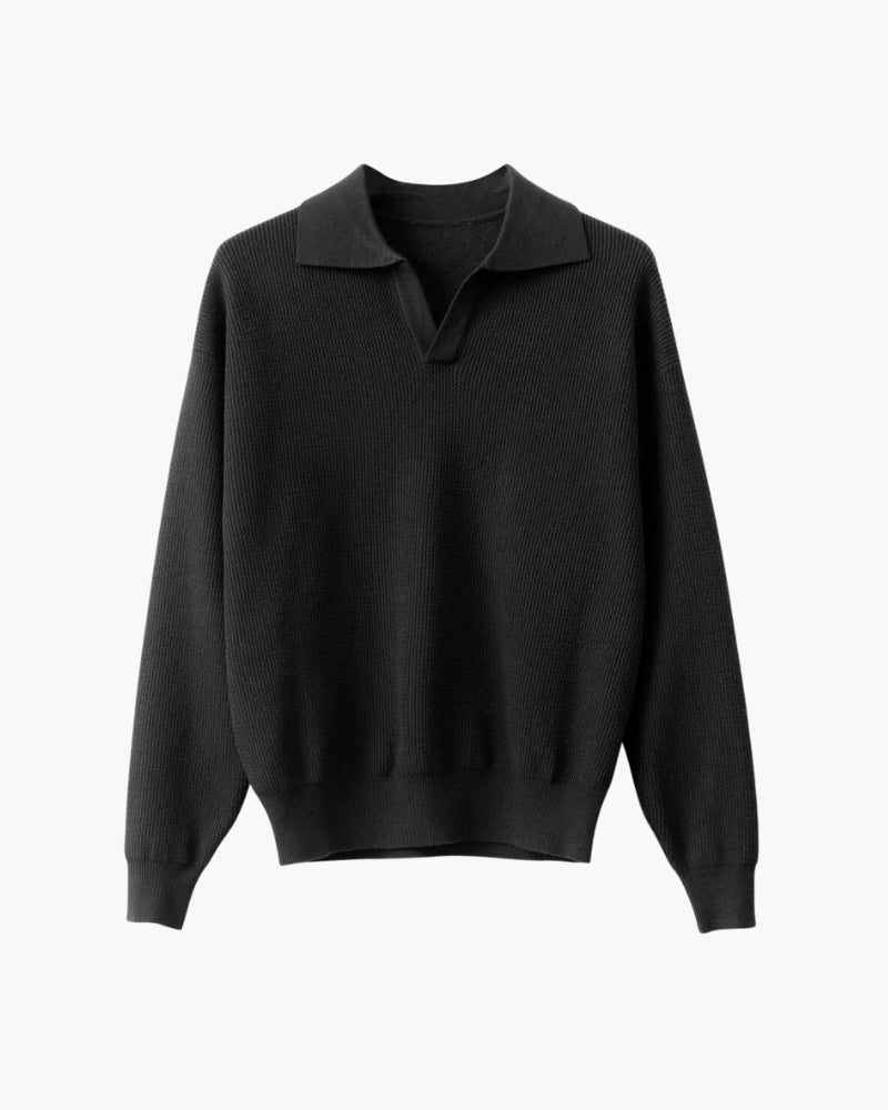 Men's textured knit polo jumper with collar, V-neckline and long sleeves