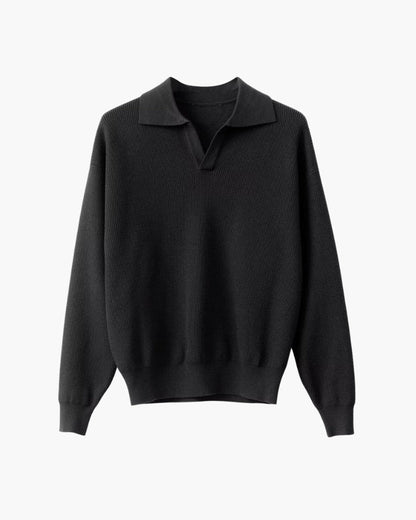 Men's textured knit polo jumper with collar, V-neckline and long sleeves