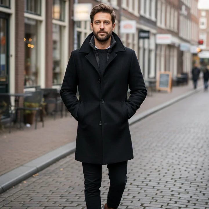 Men's long two-piece coat with high collar, lapels, pockets and long sleeves