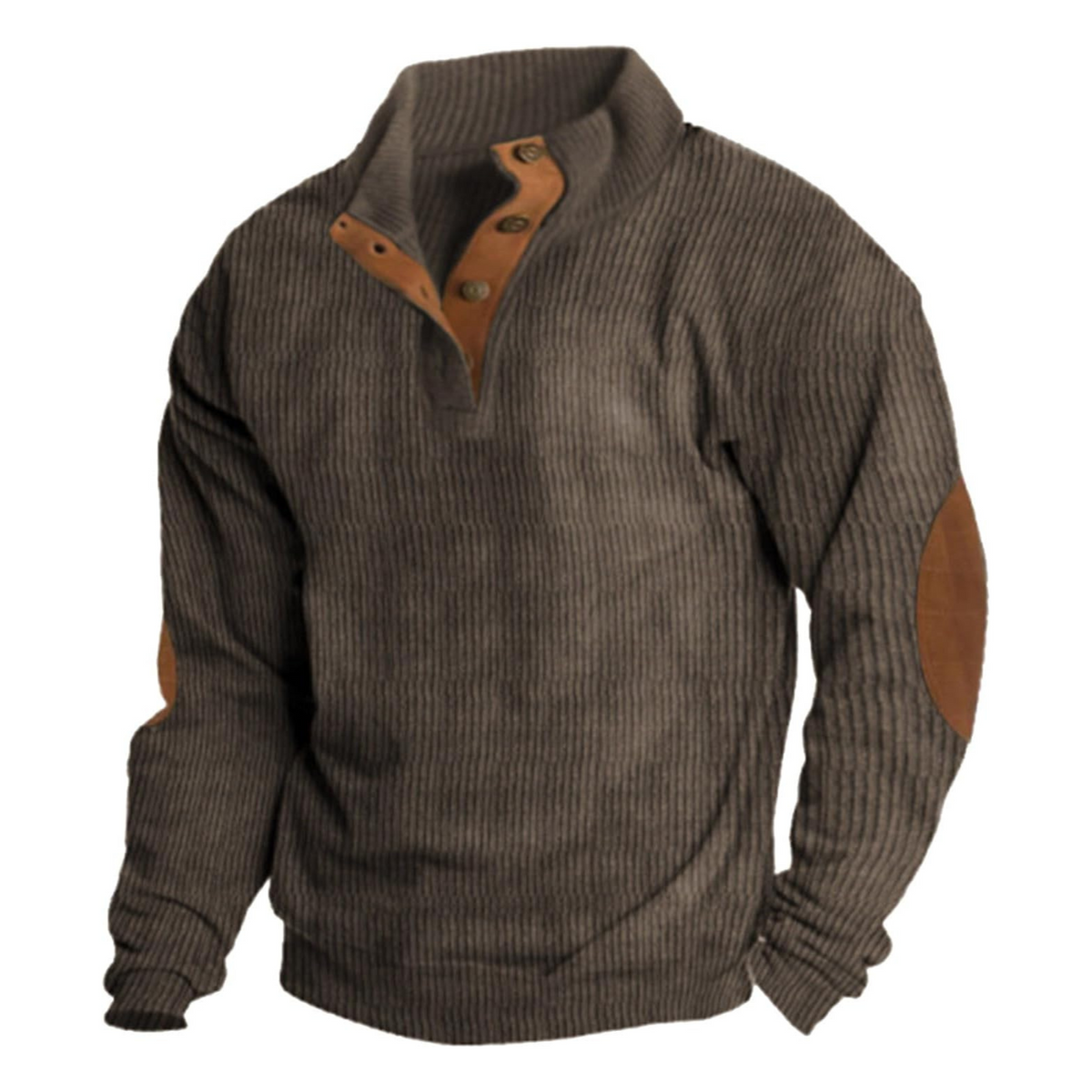 Men's ribbed quarter-button sweatshirt with mock neckline and elbow patches