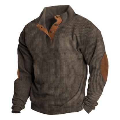 Men's ribbed quarter-button sweatshirt with mock neckline and elbow patches