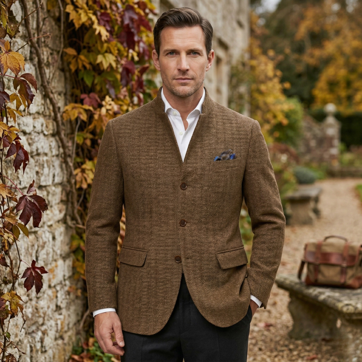 Men's herringbone single-breasted blazer jacket with stand collar and button fastening