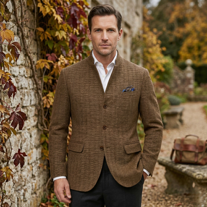 Men's herringbone single-breasted blazer jacket with stand collar and button fastening
