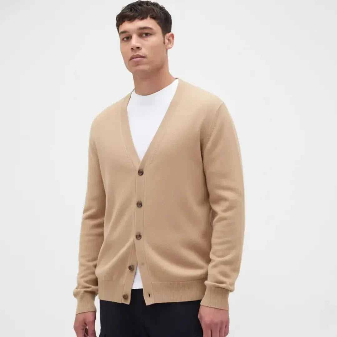 Men's V-neck button-front knit cardigan with long sleeves and ribbed trims
