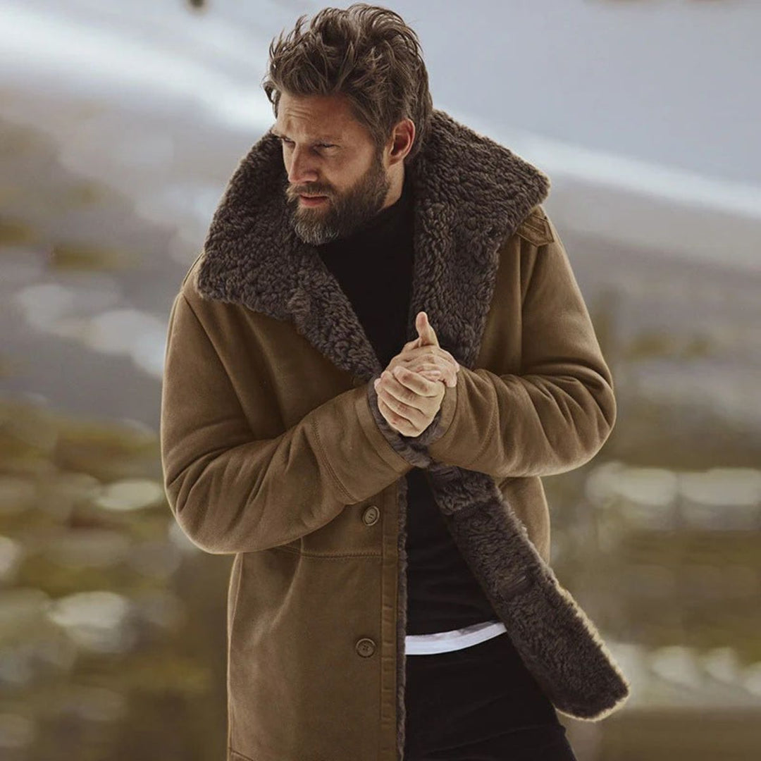 Men's shearling-style overcoat with wide collar, button front and angled pockets
