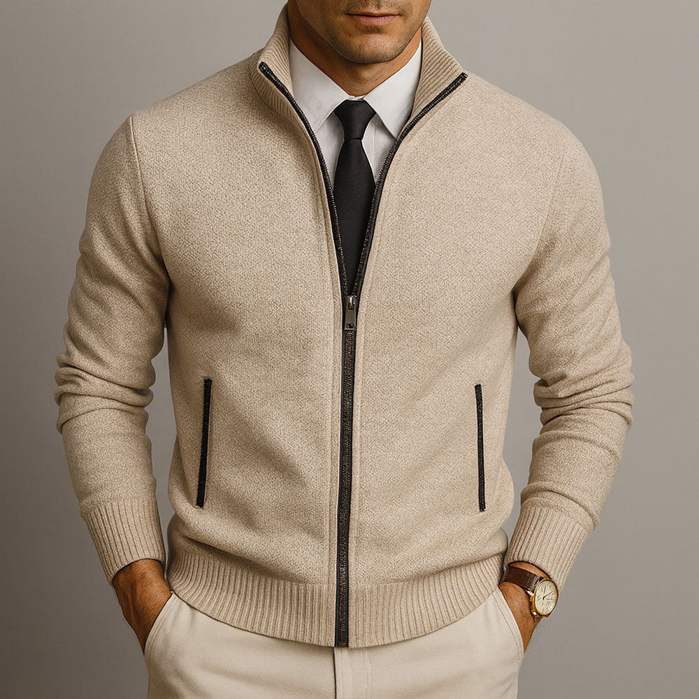 Men's zip-up mock neck cardigan with long sleeves, ribbed trims and front zip pockets