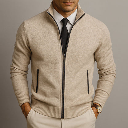 Men's zip-up mock neck cardigan with long sleeves, ribbed trims and front zip pockets