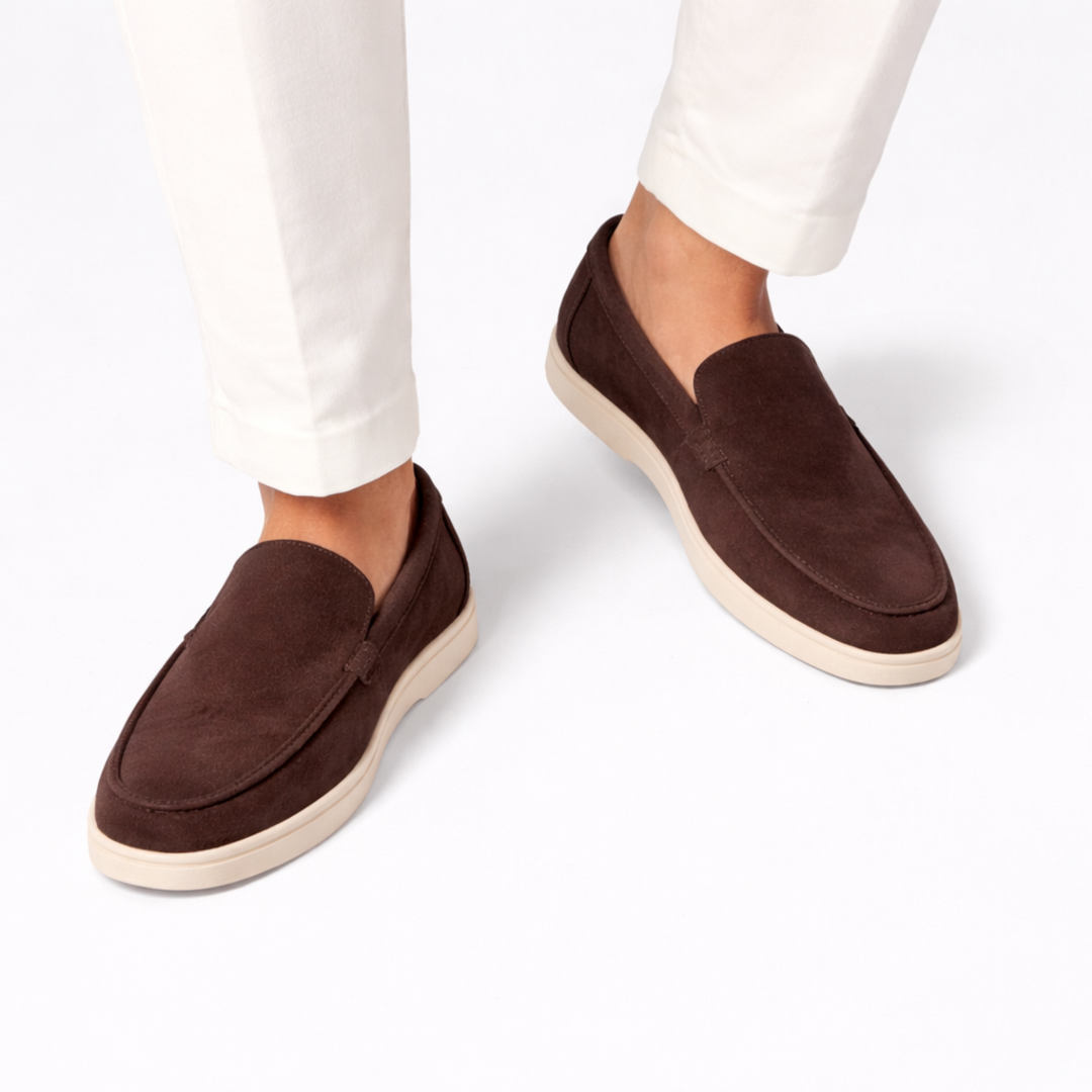 Men's slip-on suede loafers with moc toe and flat sole