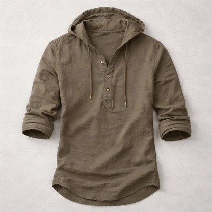 Long-sleeve hooded Henley shirt with button placket and curved hem