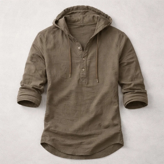 Long-sleeve hooded Henley shirt with button placket and curved hem