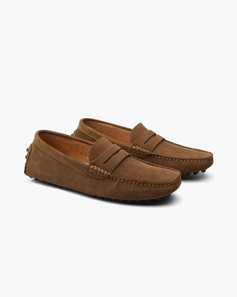 Men's suede driver loafers with moc toe and vamp strap